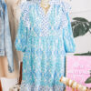 Sky Blue Boho Floral Geometric Patchwork Ruffle Detail Puff Sleeve Mini Dress