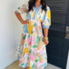 Multicolour Floral Doodle Print Striped Trim V Neck Midi Dress