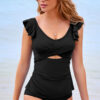 Black Solid Color Ruffle Detail Crossed Cutout Slim Tankini 2pcs Swimsuit