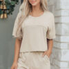 Sky Blue Solid Color Contrast Textured Patchwork Raw Edge 2pcs Short Set