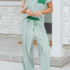 Sky Blue Stripe Crew Neck Tee Drawstring Waist Cropped Pants Set