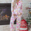 Pink Striped Bow Print Contrast Piping Trim Shirt and Pants 2pcs Pajama Set