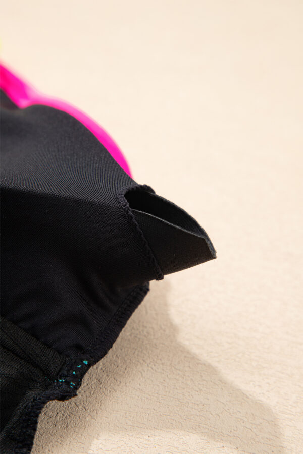 Black Floral Textured Neon Trim V Neck Crisscross Backless Tankini Set