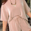 Rose Stripe Raised Rib Loose Tee Drawstring Elastic Waist 2pcs Short Set