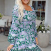 Green Floral Print Piping Trim Bubble Sleeve Square Neck Dress