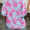 Purple Floral Print Ruffled Color Block Trim Half Sleeve Blouse