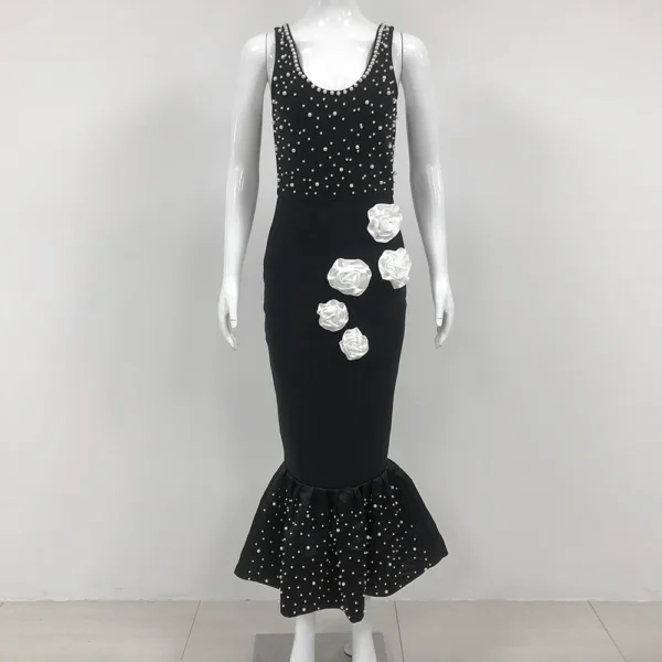 Sexy O-Neck Pearl Beading Bodycon Bandage Gown Dress