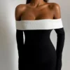 Shoulder Contrast Color Knitted Maxi Dress