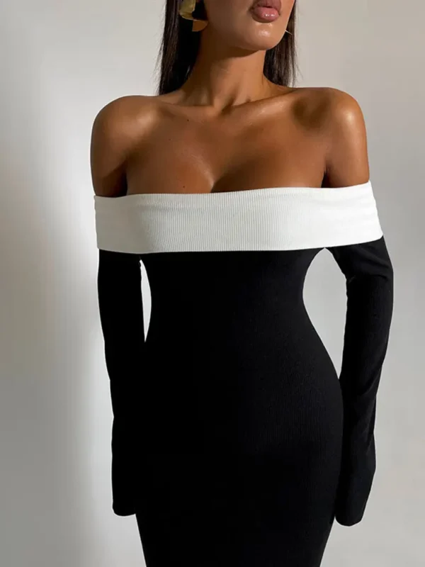 Shoulder Contrast Color Knitted Maxi Dress