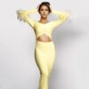 French yellow long sleeved elastic feather cuffs bandage dress