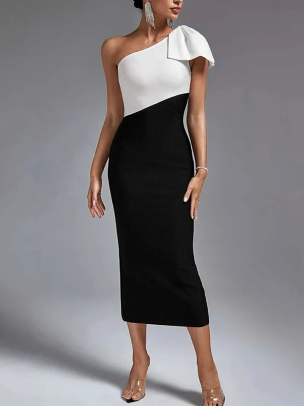 Bow Knot Single Shoulder Bandage Bodycon Midi Dresses