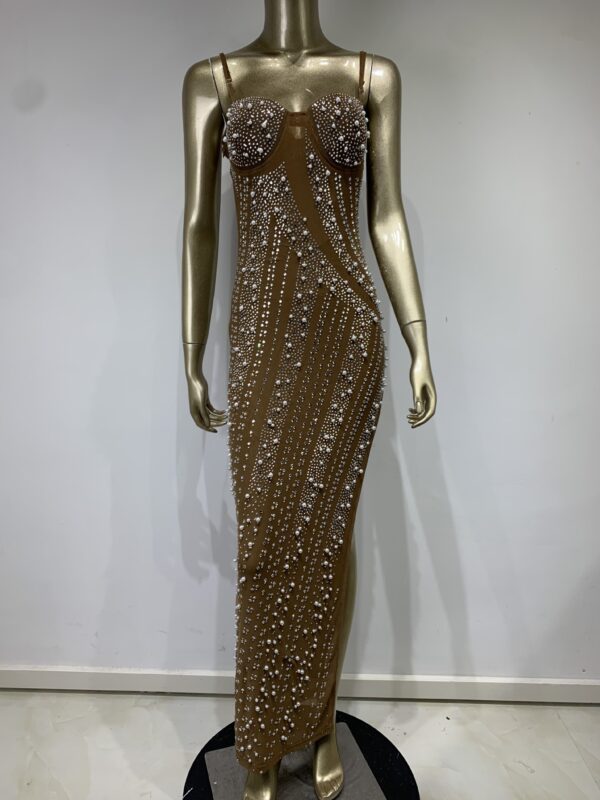 571135083 Water Diamond Nail Beads Sexy Low cut High Split Strap Luxury Party Dress