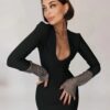 Sexy Mesh Diamond Ladies Long Sleeve Bandage Slim Dress