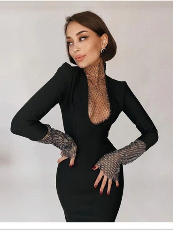 Sexy Mesh Diamond Ladies Long Sleeve Bandage Slim Dress
