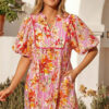 Pink Striped Floral Print Tie Neck Puff Sleeve Loose Mini Dress