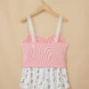 Pink Ribbed Knit Lace Straps Patchwork Lettuce Hem Cropped Top Floral Short Lounge Set