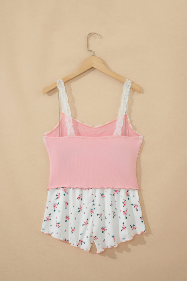 Pink Ribbed Knit Lace Straps Patchwork Lettuce Hem Cropped Top Floral Short Lounge Set