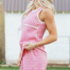 Pink Stripe Textured Contrast Trim Casual Tank and Shorts Set