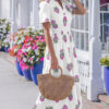 White Floral Print Split Neck Shirred High Waist Ruffle Hem Maxi Dress