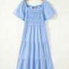 Beau Blue Flowy Short Sleeve Lace Detail Square Neck Tiered Midi Dress