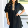 Black Leopard Patchwork Zip Collared Short Puff Sleeve Shift Mini Dress