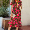 Green Floral Print Striped Trim Split Neck Short Puff Sleeve Ruffle Hem Maxi Dress