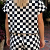 Pink Checkered Print Color Block Trim Mock Neck Short Set