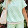 Pink Polka Dot Print Color Block Trim Mock Neck Short Set