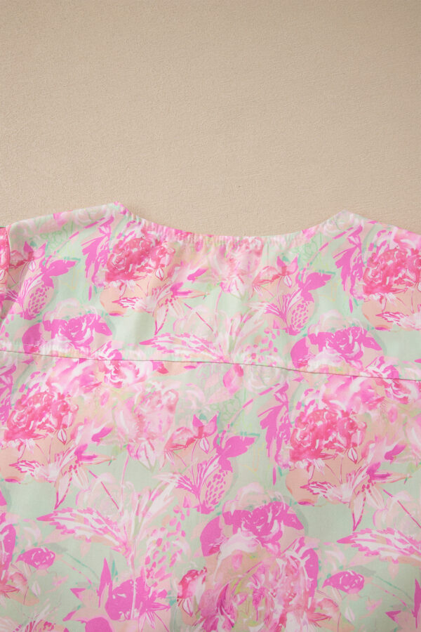 Pink Ribbon Knot Front Floral Short Puff Sleeve Blouse