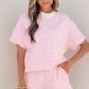 Pink Stripe Cuffed Sleeve Contrast Mock Neck Tee Casual 2pcs Short Set