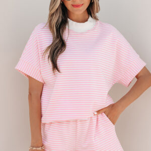 Pink Stripe Cuffed Sleeve Contrast Mock Neck Tee Casual 2pcs Short Set