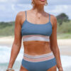 Dusk Blue Colorful Stitch Border Detail 2pcs High Waist Bikini Swimsuit