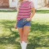 Red Stripe Patchwork Round Neck T Shirt
