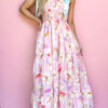 Pink Floral Print Knotted Shoulder Smocked Maxi Dress