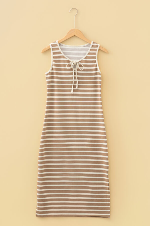 Sky Blue Stripe Tie V Neck Sleeveless Side Slit Midi Dress