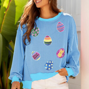 Myosotis Sequin Easter Eggs Twisted Rib Exposed Seam Color Block Top
