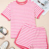 Pink Stripe Contrast Trim Short Sleeve Top Loose Shorts 2pcs Casual Outfit