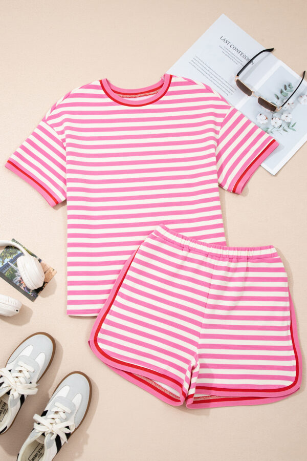 Pink Stripe Contrast Trim Short Sleeve Top Loose Shorts 2pcs Casual Outfit