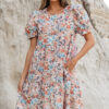 Apricot Bohemian Floral Print Short Puff Sleeve Mini Dress
