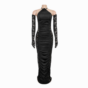 Halter Neck Backless Lace Long Glove Stacked Maxi Midi Bodycon Dress