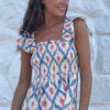 Sky Blue Ethnic Geometric Print Square Neck Smocked High Waist Ruffle Sleeve Dress