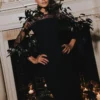 Feather Design Long Sleeve Soft Velvet Dress
