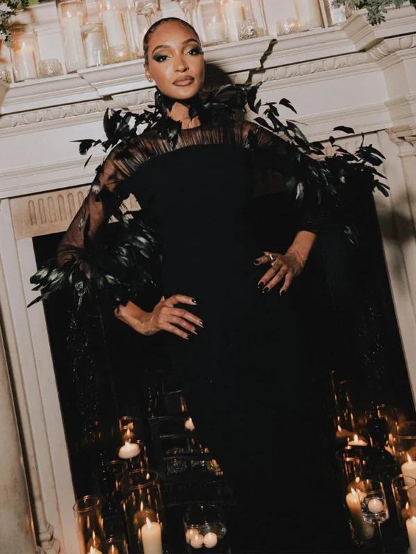 Feather Design Long Sleeve Soft Velvet Dress