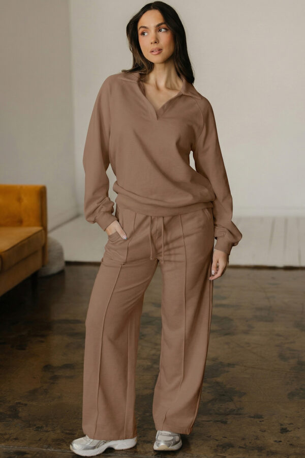 Light Grey Polo Collar V Neck Pullover and Drawstring Sweatpants Set