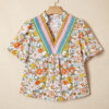 Multicolour Crochet V Neckline Puff Sleeve Boho Flower Blouse