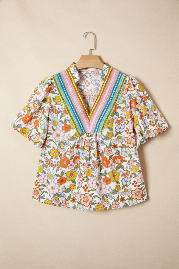 Multicolour Crochet V Neckline Puff Sleeve Boho Flower Blouse