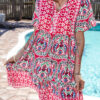 Pink Bohemian Print Tie Neck Ruffle Hem Short Dress
