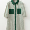 Green Patch Pockets Button Down Short Puff Sleeve Dress