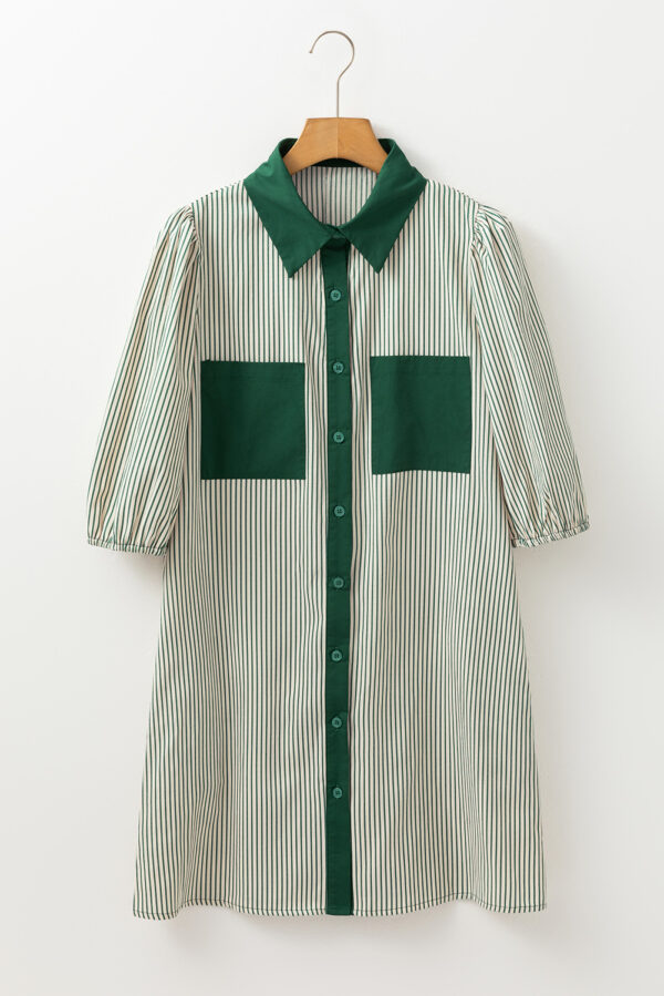 Green Patch Pockets Button Down Short Puff Sleeve Dress