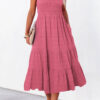 Rose Shirred Pleated Square Neck Sleeveless Midi Dress